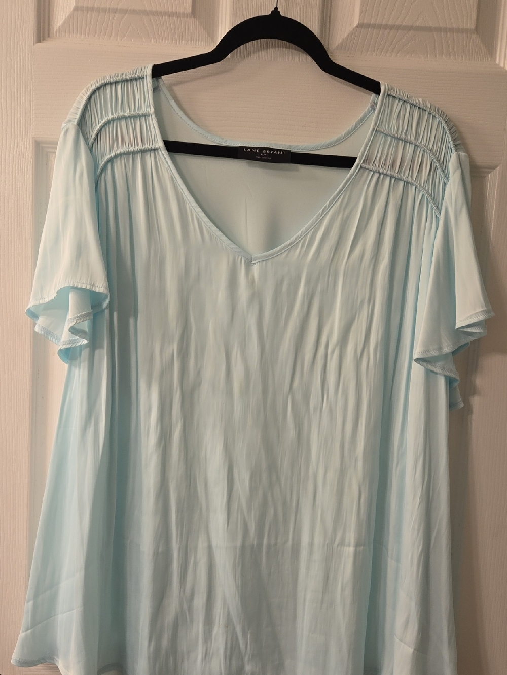 Lane Bryant Pale Blue V-Neck Smocked Shoulder Flutter Sleeve Tunic